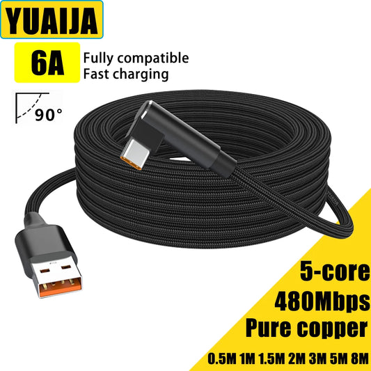 Elbow USB C 6A Fast Charging Expand 3m 5-meter Type C Data Cable for Huawei,Xiaomi,Samsung,Google,Apple MACBOOK iPad Air Game