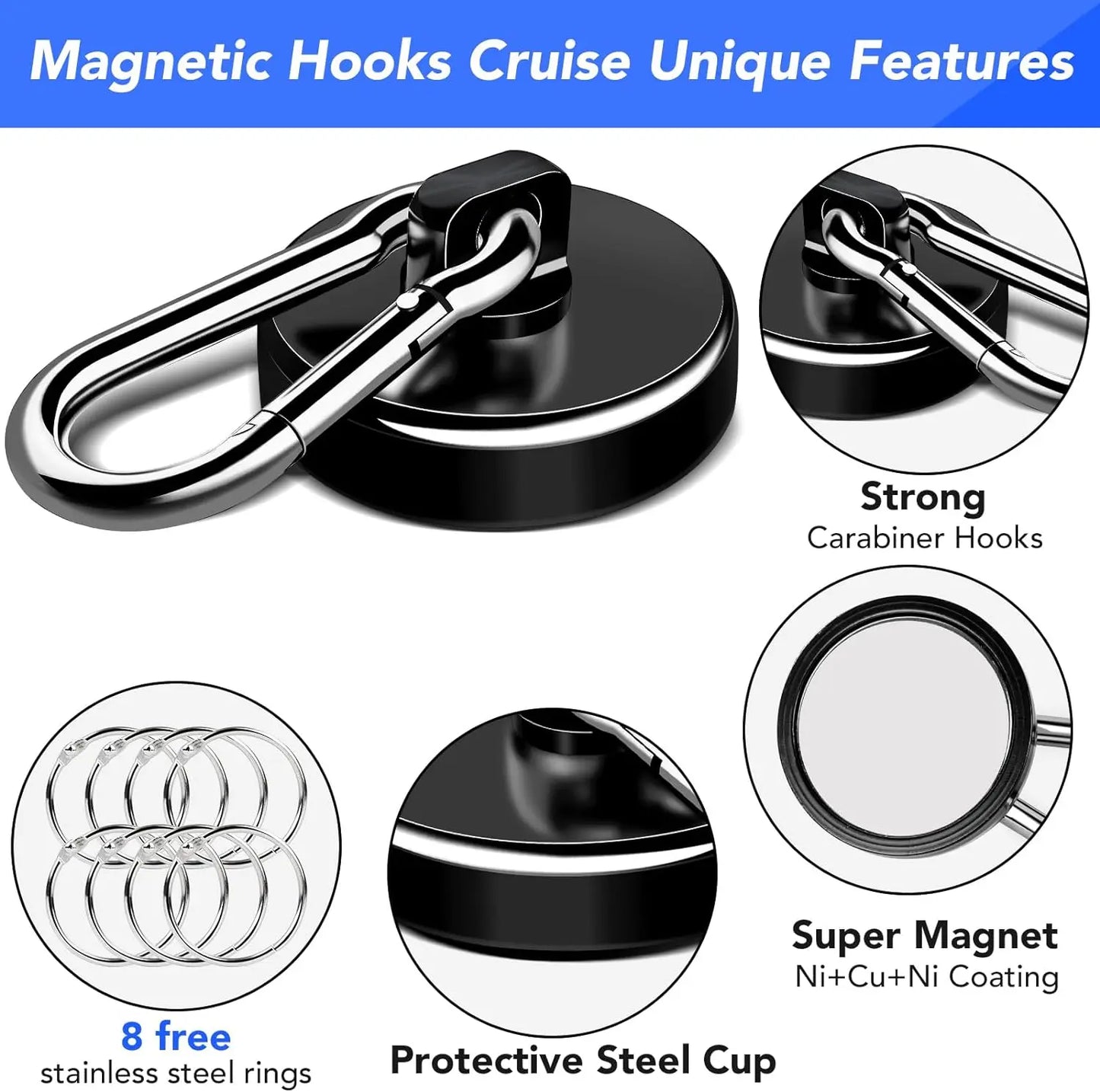 Magnetic Hooks Heavy Duty Black Magnet Hooks with Swiveling Carabiner for Hanging Refrigerator Strong Large Neodymium Magnet