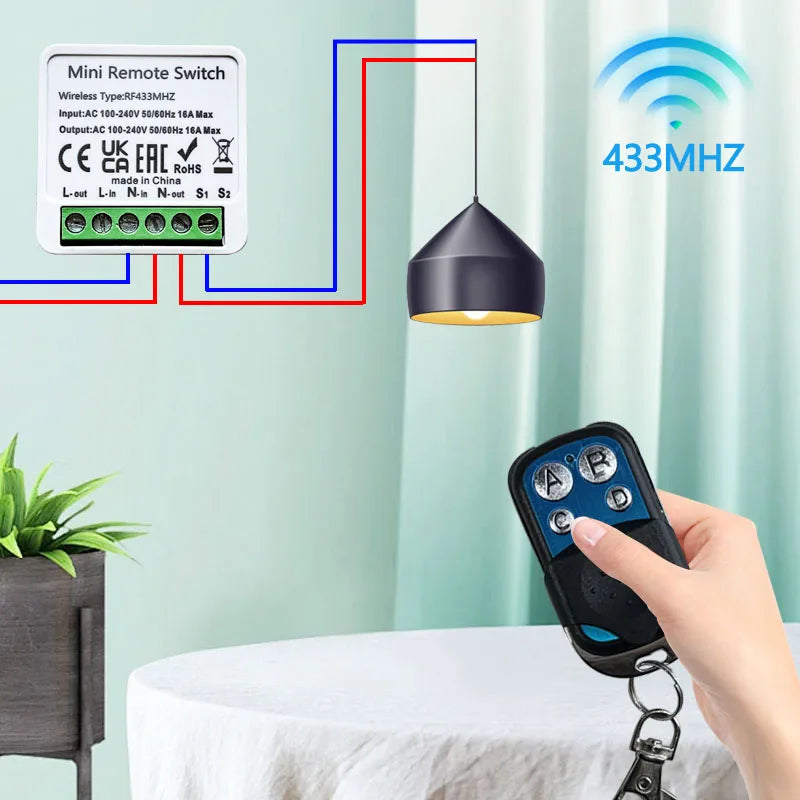 433MHz Wireless Lights Switch Remote Control 4 Key RF Relay Receiver ON/OFF Button 16A AC 100-240V For Led Bulb DIY Garage Doors