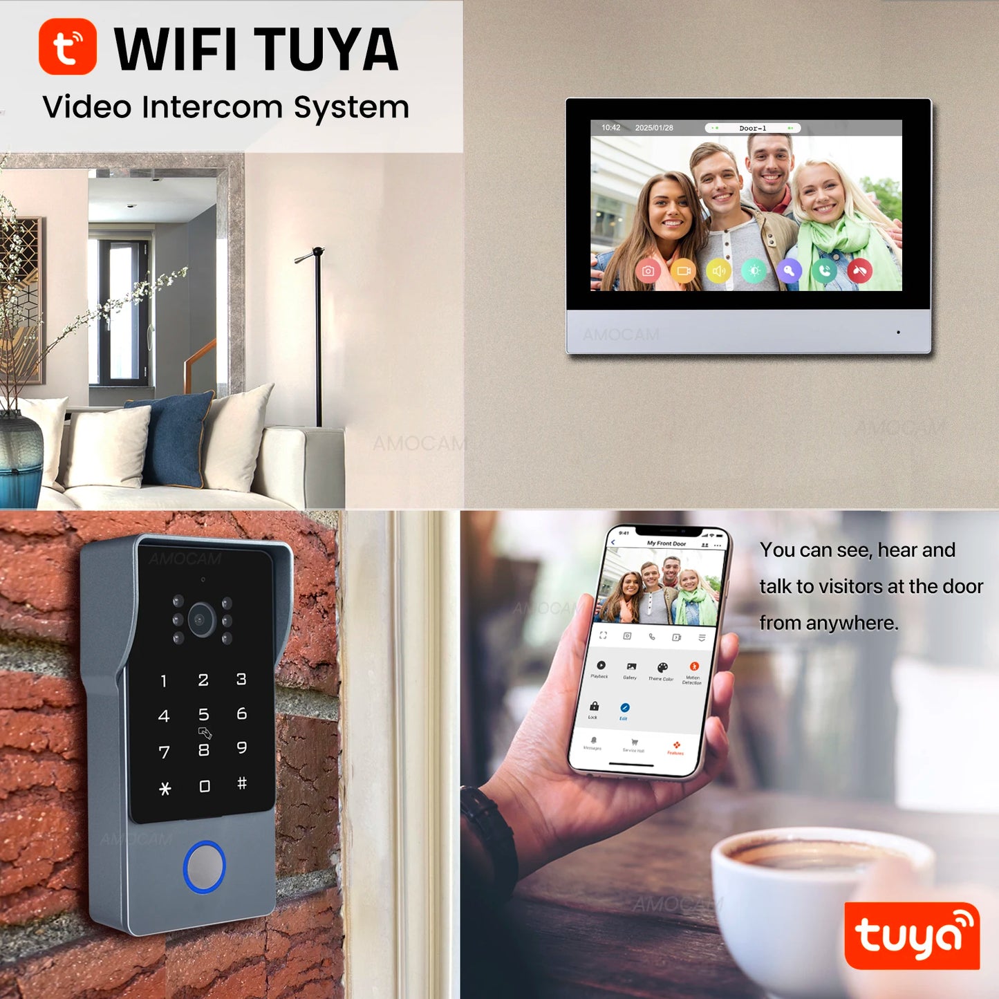 2 Wires Video Intercom System, 7“ Wireless WIFI Monitor 1080P Doorphone Camera Video Doorbell Code Password IC Card Tuya Unlock