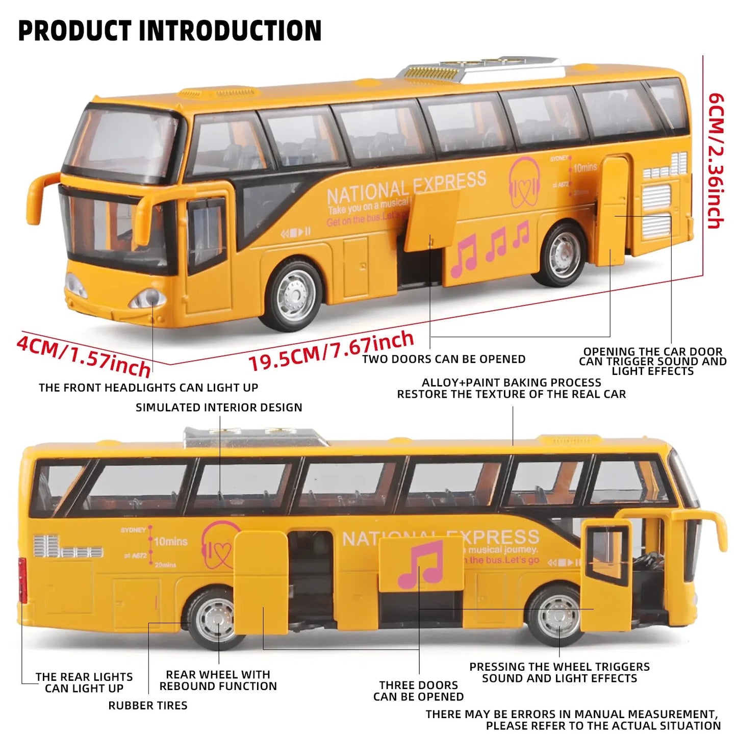 Children's Bus Alloy Model with Sound & Light Features - Fun & Interactive - Ideal for Playtime, Learning, Or Decorating