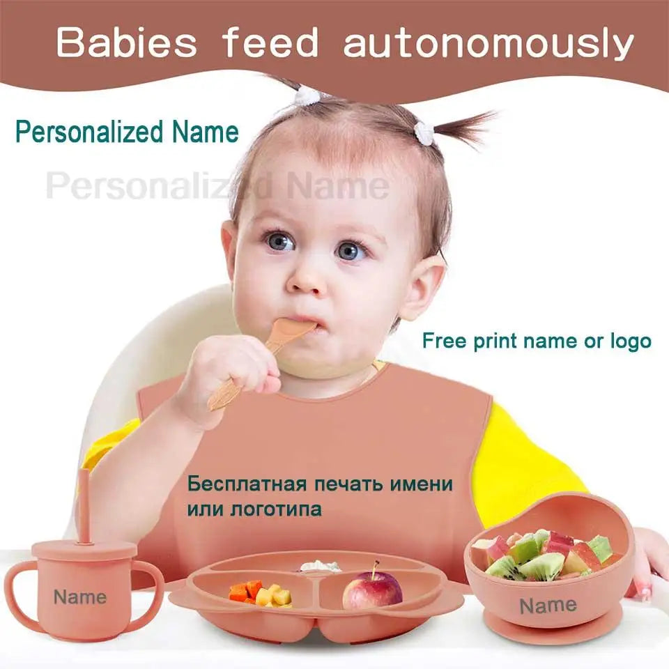 8Pcs Baby Silicone Feeding Set Round Dining Plate Sucker Bowl Dishes For Kids Personalized Name Children's Tableware Straw Cup