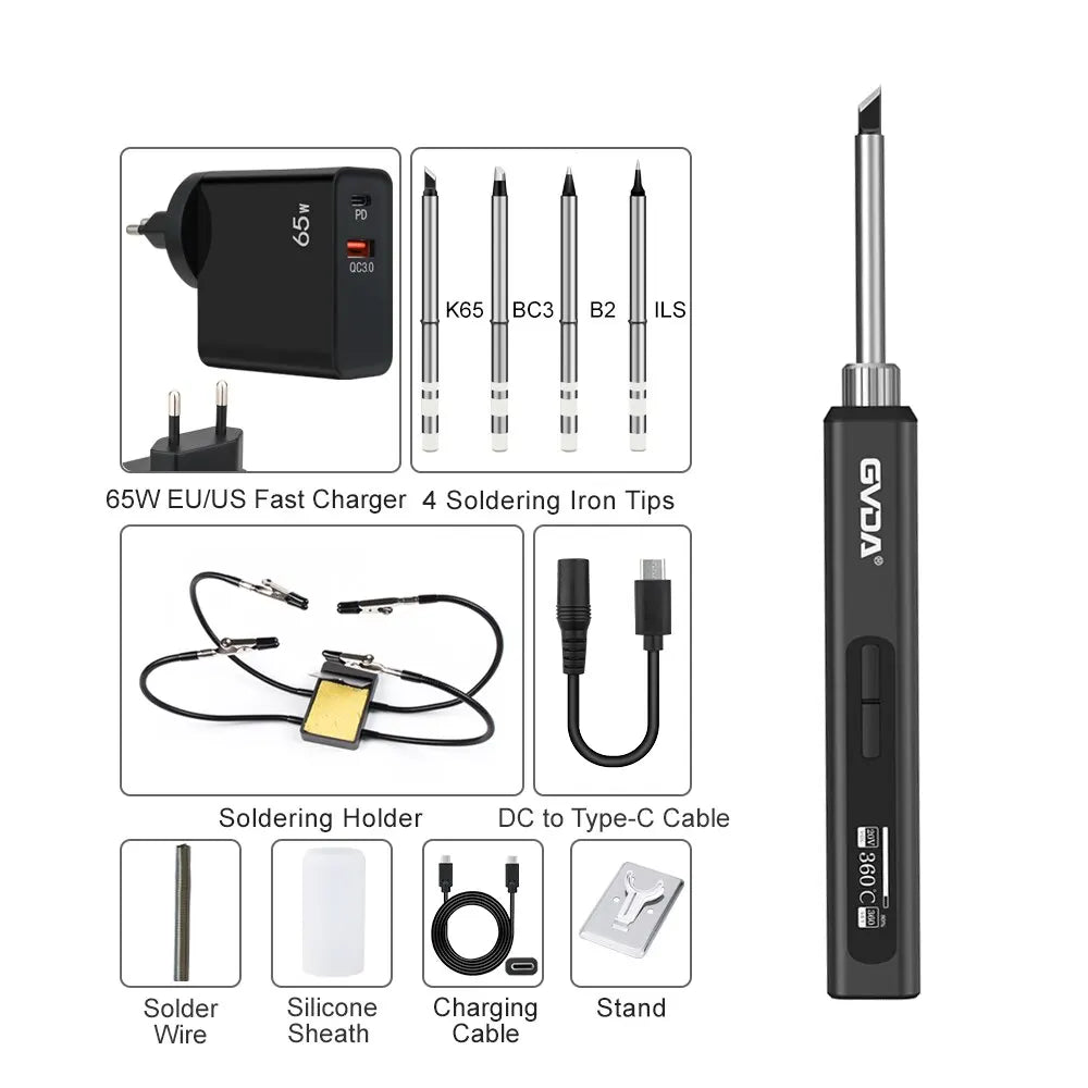 GVDA Smart Electric Soldering Iron 65W Adjustable Constant Temperature Fast Heat Portable Soldering Iron Station Kits with Tips