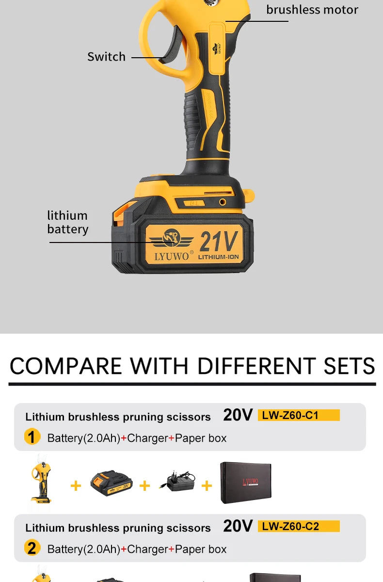 LYUWO Rechargeable Wireless Pruning Scissors, Fruit Tree Potted Pruning Electric Tool, 20V brushless, 30mm