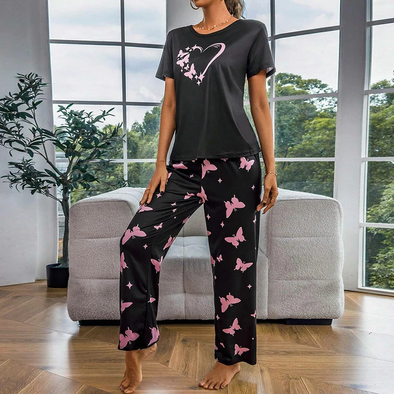 Women's Pajamas Heart & Butterfly Print Pajama Home Clothes Autumn Short Sleeve Tops & Pants Sleepwear 2 Piece Sets Loungewear