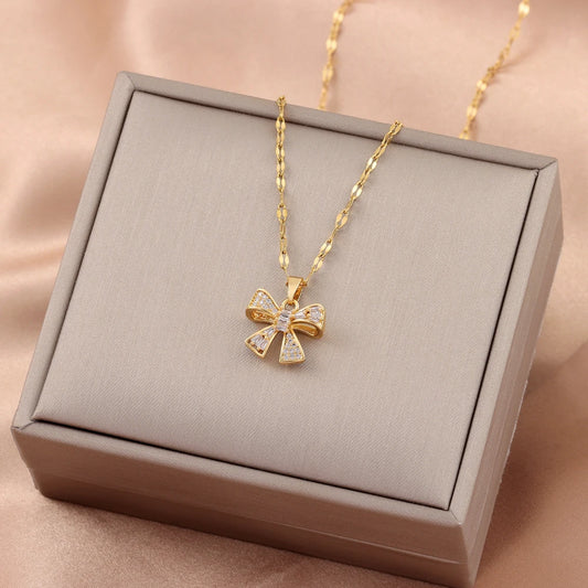New Fashion Sweet Zircon Crystal Bowknot Pendant Necklaces For Women Temperament Gold Color Stainless Steel Neck Chain Jewelry