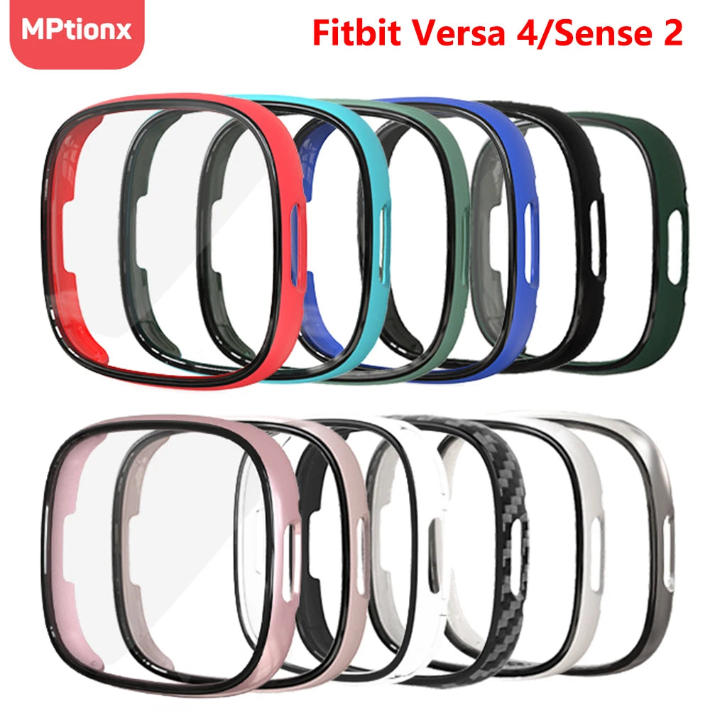 Screen Protector for Fitbit Versa 4/Sense 2 Hard PC Bumpe Protective HD Tempered Glass Case All-Around Full Cover Bumper Shell