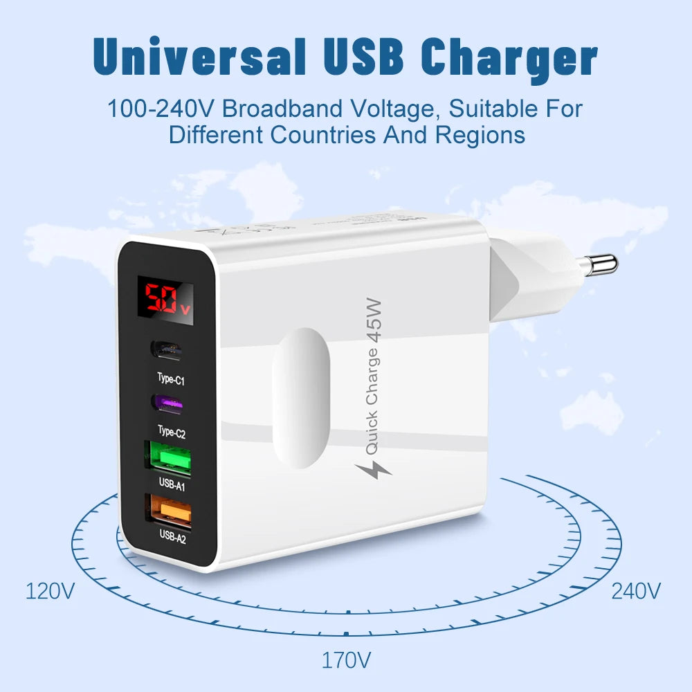 45W USB C Charger QC3.0 Type C PD Fast Charging with Digtal Display Charger Quick Charge Phone Adapter for iPhone Samsung Xiaomi