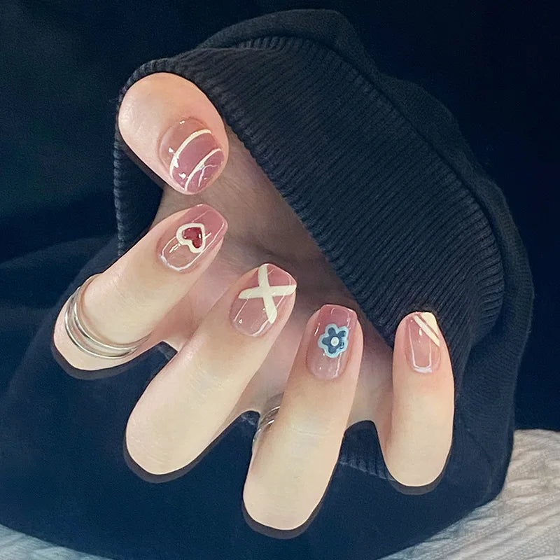 24Pcs/Box Short Square Head Wearing False Nails Art Clouds Stars Pattern Fake Nails Full Cover Press on Nail Tips Manicure Tools