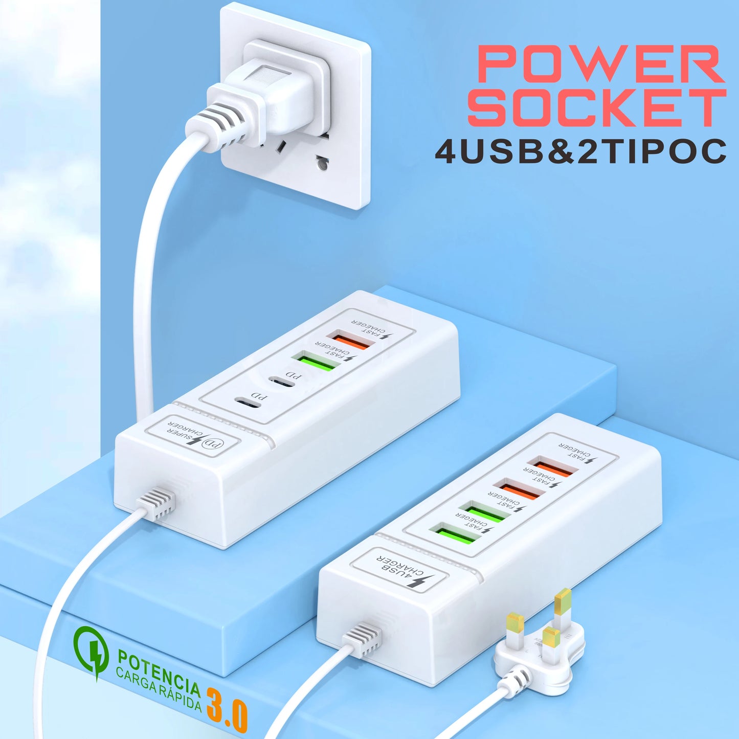 4 Port Fast Charger USB C Power Socket Fast Charging Wall Charger For iPhone 15 14 13 Xiaomi Samsung Mobile Phone Power Adapter