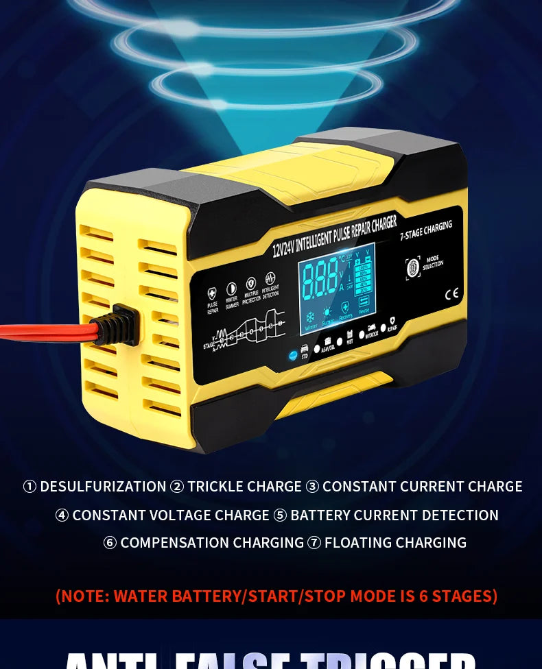 12V-24V Car Battery-Charger Full Automatic 12V 10A Digital Car Battery Charger Pulse Repair for AGM GEL WET Lead Acid