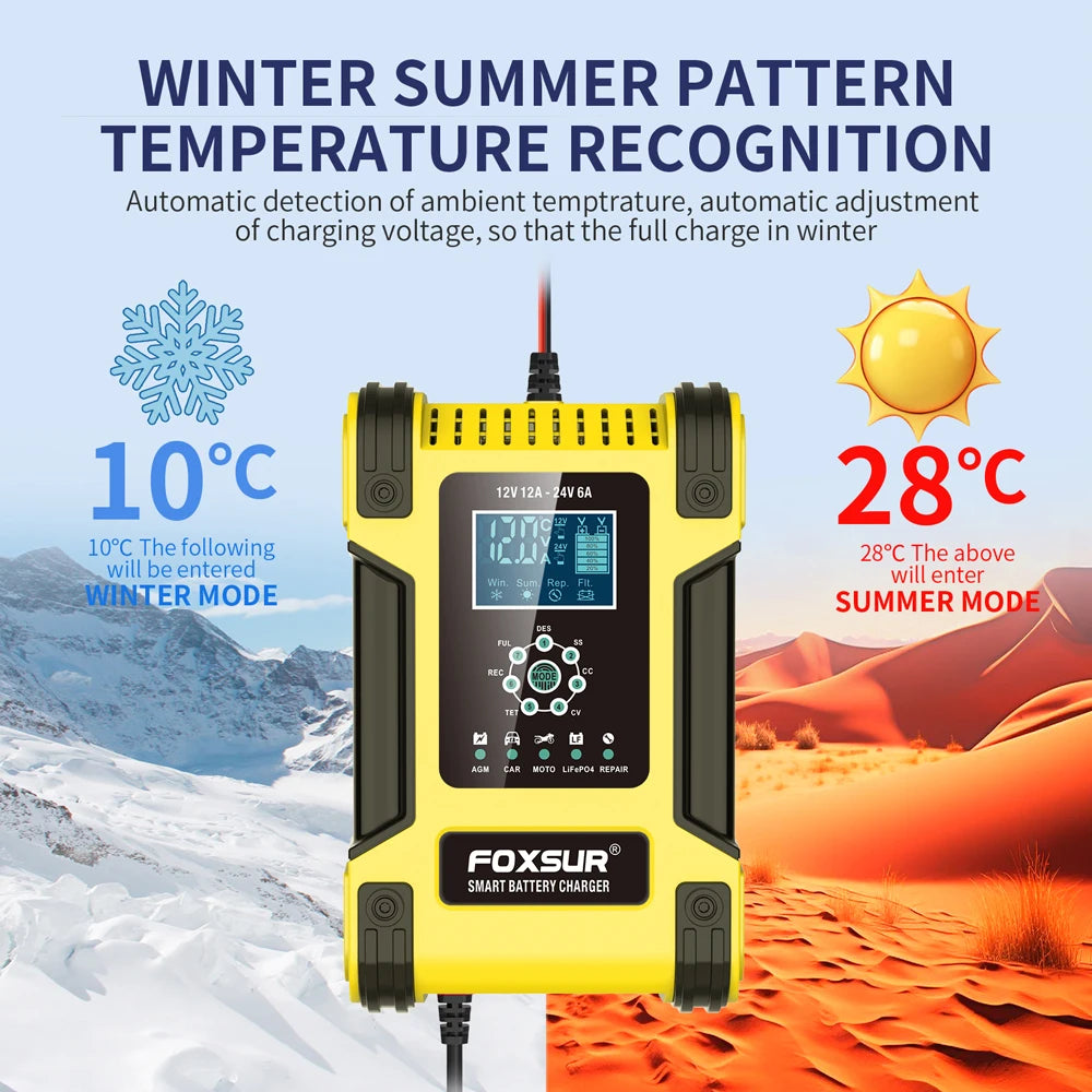 Foxsur Full Automatic Car Battery Charger 12V 12A Digital Display Battery Charger Power Pulse Repair Chargers Wet Dry Lead Acid