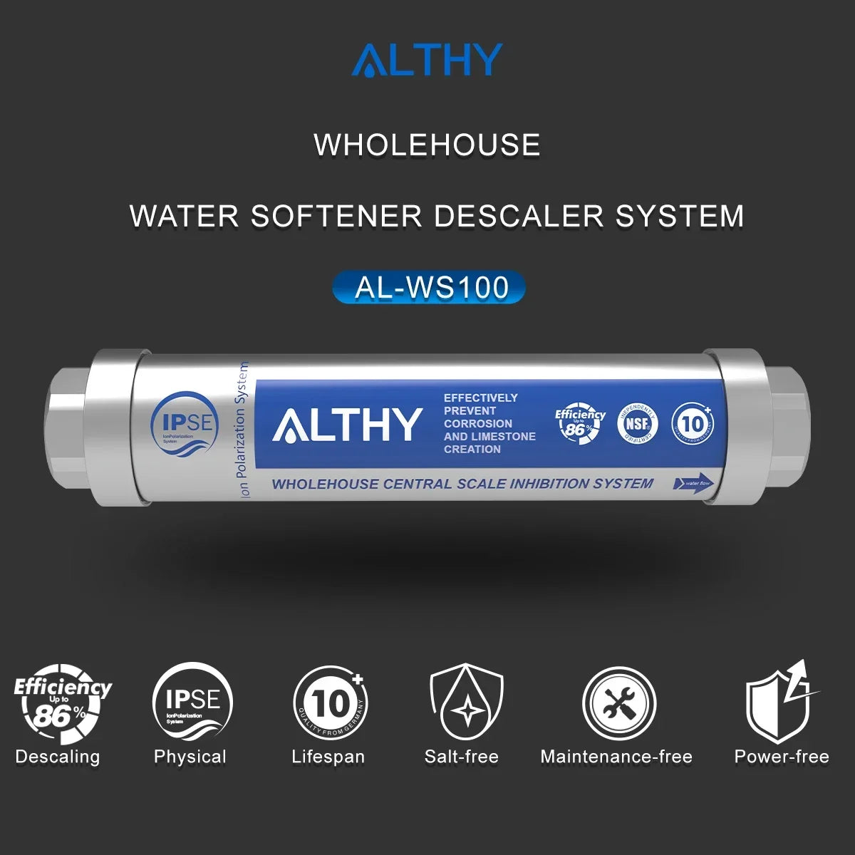 ALTHY AL-WS100 Whole House Water Descaler Scale Inhibition Softener System Machine Anti Limescale Corrosion & Hard water