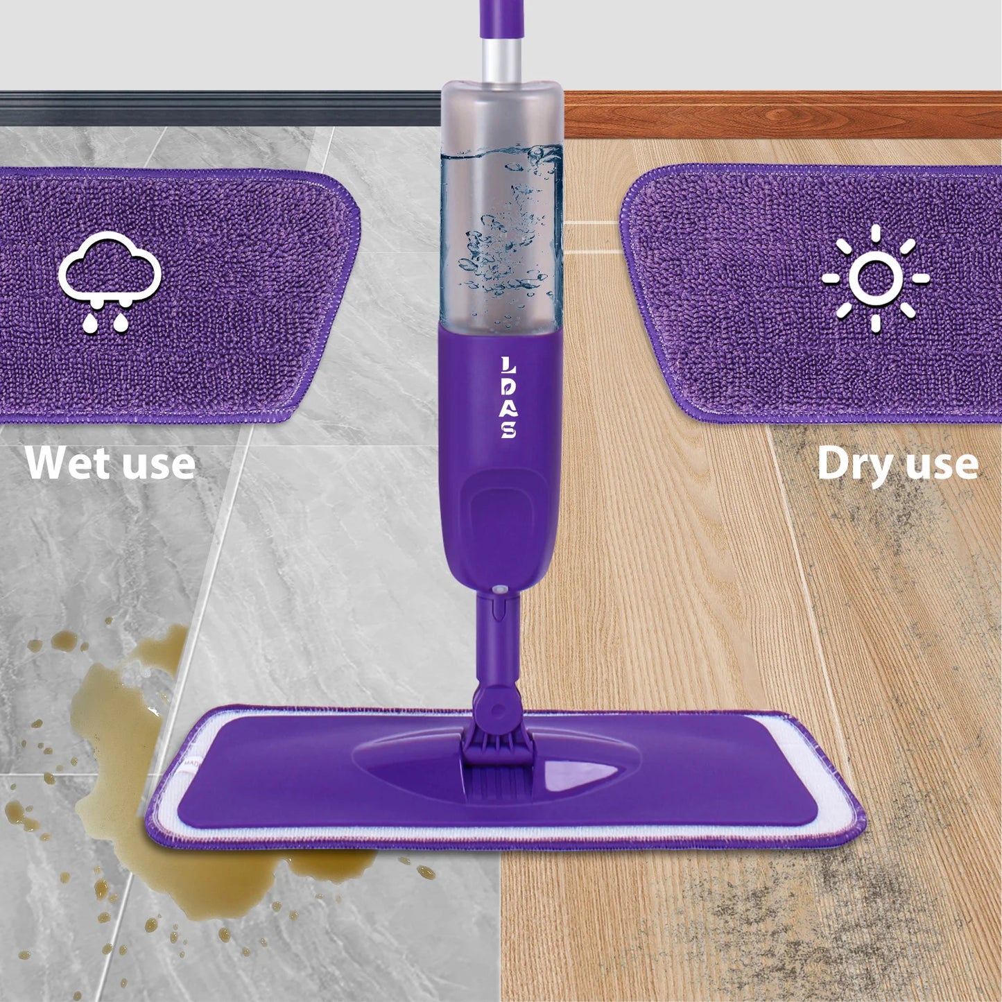 DARIS Spray Mop, 500ml Bottle, 3 Microfiber Mop Pads, Scraper, Mop Clip, Wet and Dry Use, Flat Floor Cleaning Mop