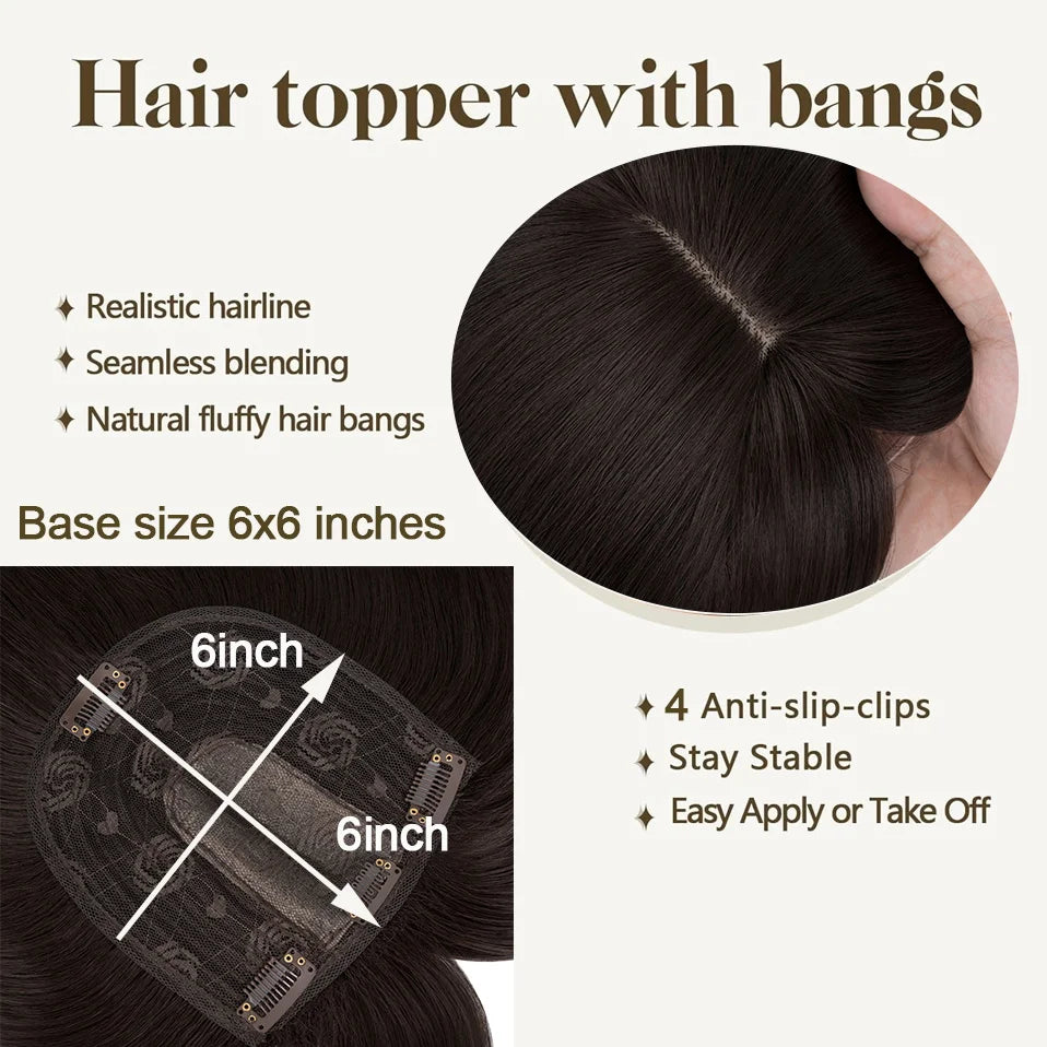 Benehair 14'' 18'' Hair Toppers with Bangs for Women Synthetic 6x6 Top Hairpieces Wigs Long Striaght Clip in Hair Extension