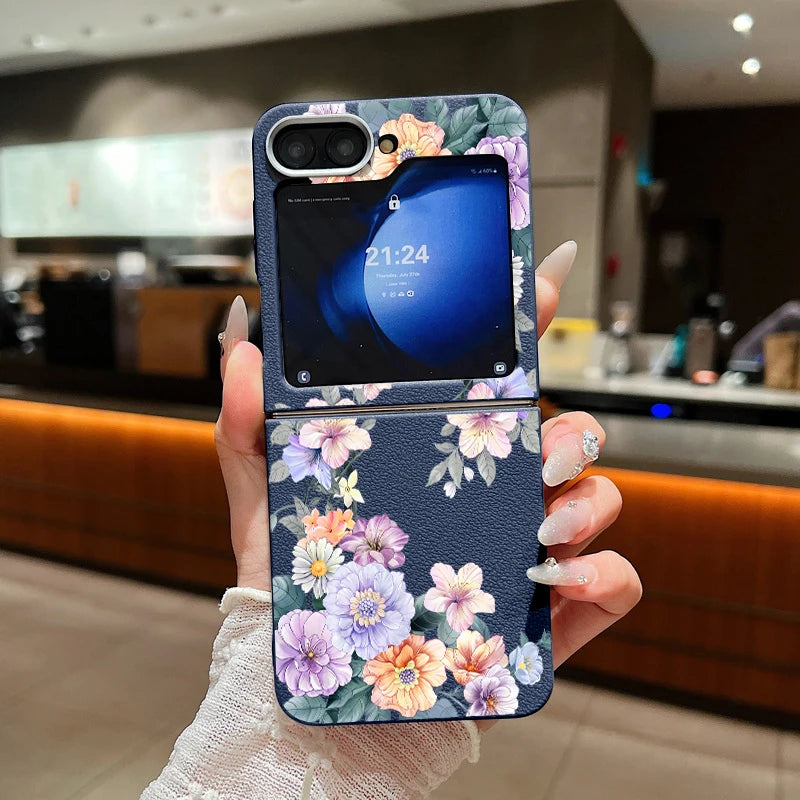 For Samsung Galaxy Z Flip 7 FE 6 5 3 4 Leather Texture Phone Case Floral Flower Soft TPU Folding Cover For Samsung Z Flip5 Flip6