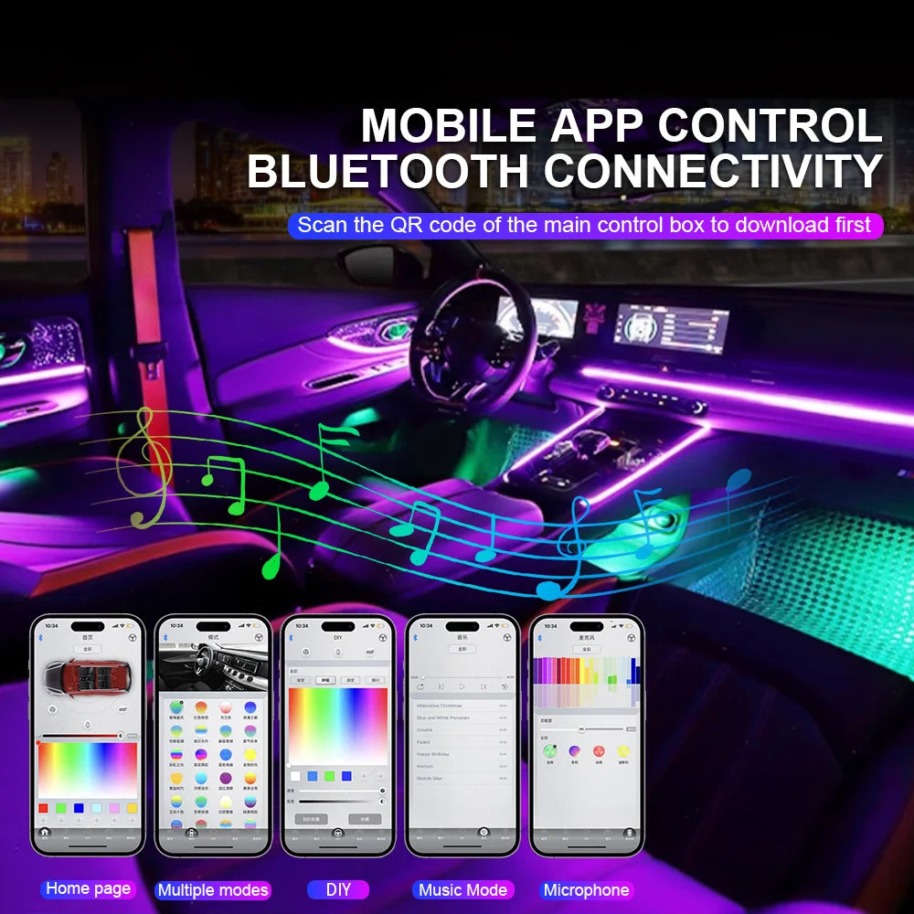 LED Car Ambient Light RGB 64 Color Acrylic Fiber Optic Guide Light Strip For Car Interior Decoration Atmosphere Lamp APP