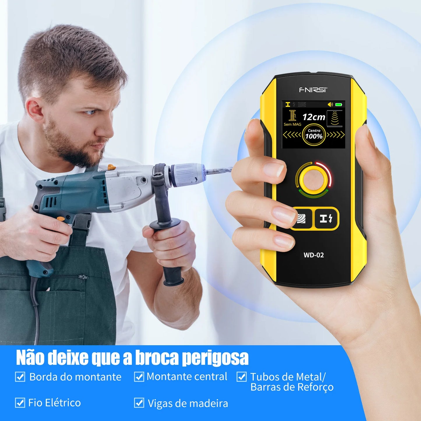 FNIRSI WD-02 Versão em português Detetor de parede Localizador de vigas Cabos CA com carga Vigas de metal Vigas de madeira