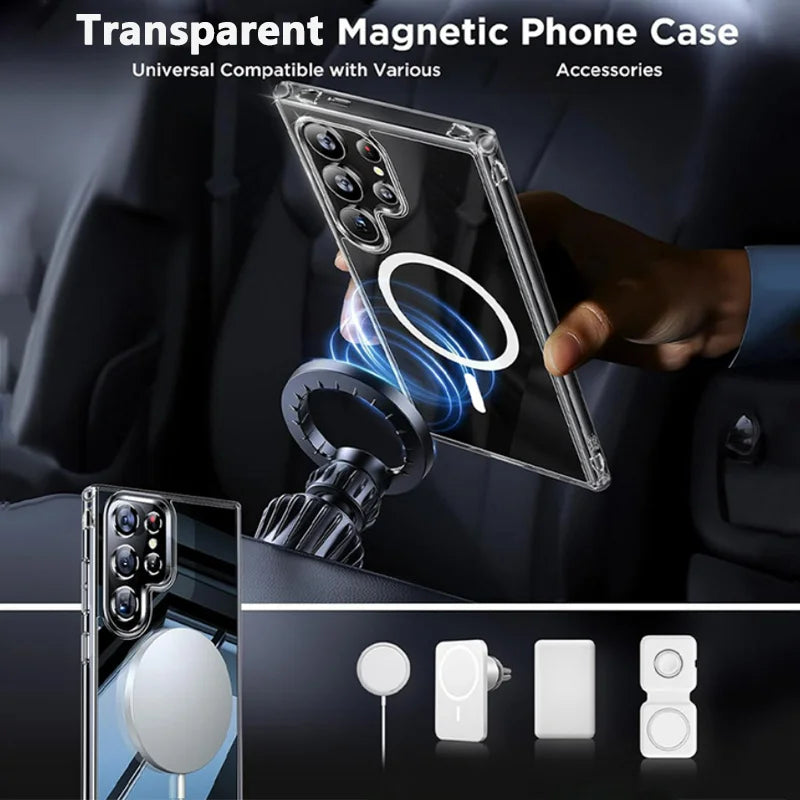 TPU For MagSafe Magnetic Wireless Charging Transparent Case For Samsung Galaxy S24 S23 S22 Ultra Plus Shockproof Silicone Cover