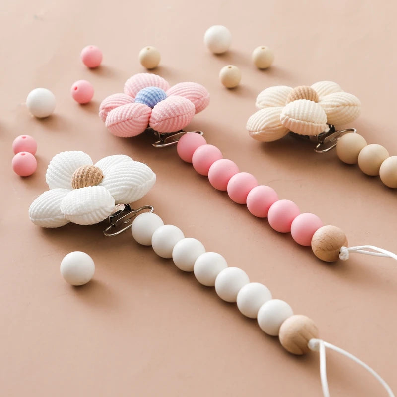 Baby Pacifier Chain Flower Shape Beech Wood Removable Clip For Handmade Baby Nipple Soother Chain Teething Toys Baby Accessories