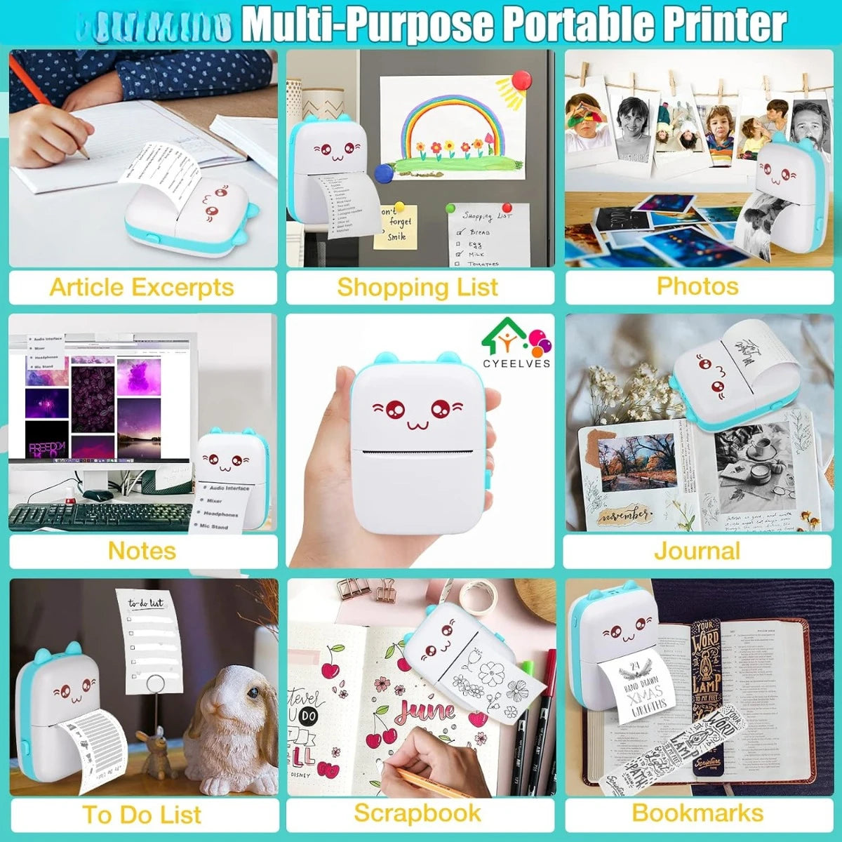 Portable Mini Printer Pocket Mini Thermal Printer with 6 Roll Printing Paper Compatible with iOS Android Inkless Photo Printer