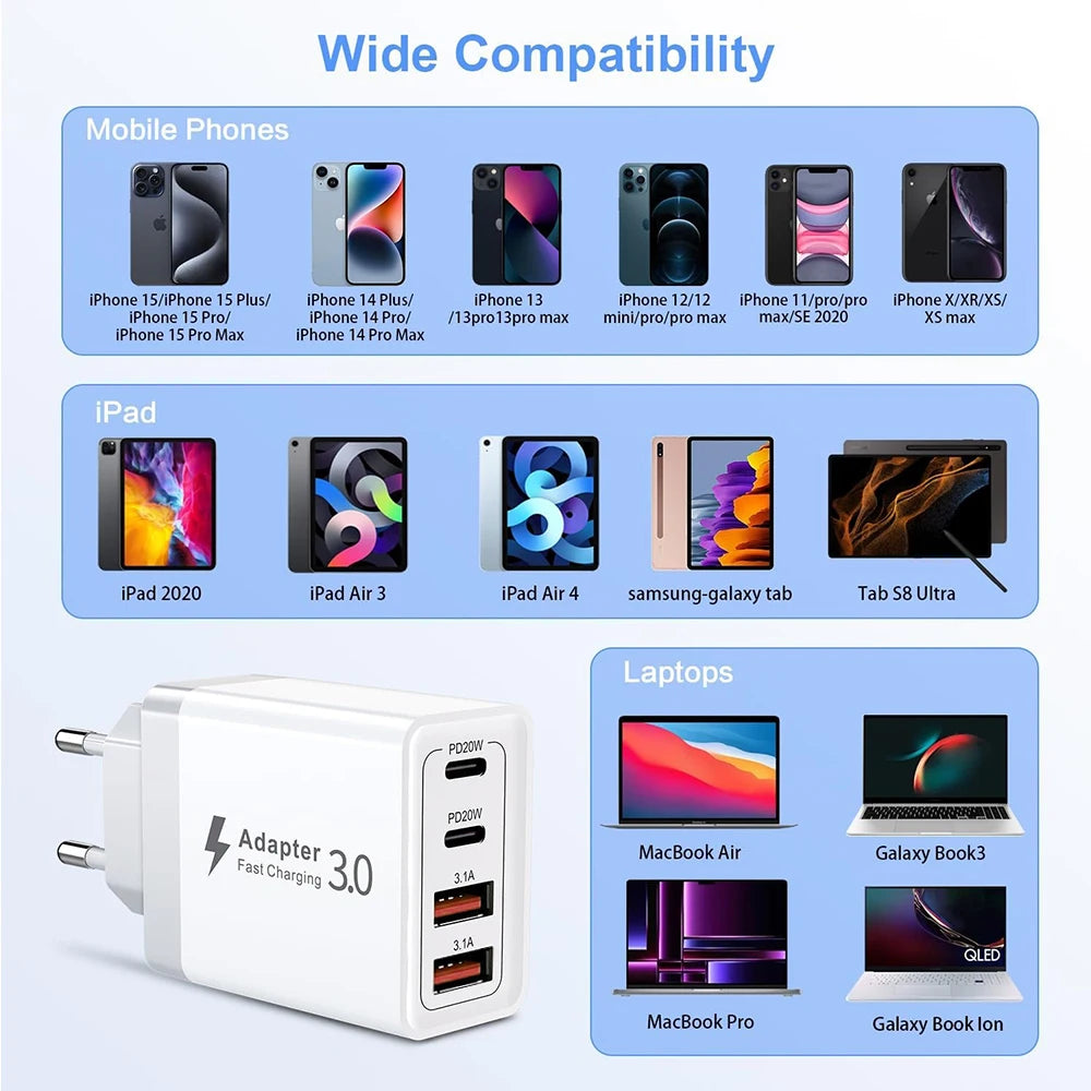 40W USB C Charger Fast Charging Head EU US Plug 4 Ports Quick Charge Phone Adapter For iPhone 15 14 Xiaomi Samgsung Wall Charger