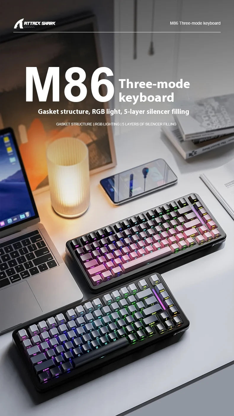 Attack Shark M86rgb Three-Mode Wireless Bluetooth Hot Plug Engraving Mechanical Keyboard Blueberry Axis Surprise Gift