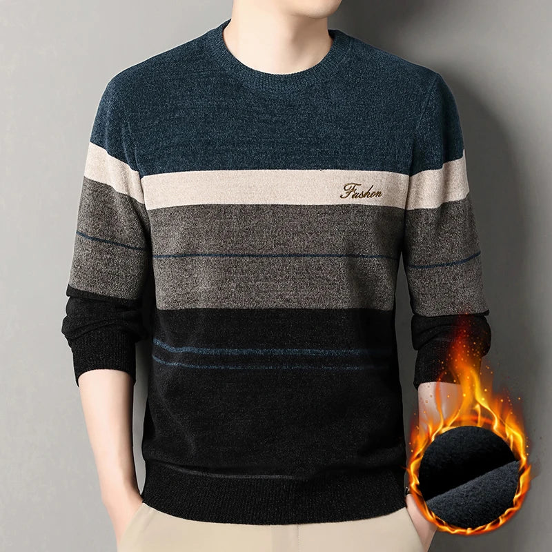 High Quality Men's Sweaters Fashion Knitting Pullover Striped Men's Autumn Winter Tops Round Neck Jerseys Fleece Bottom Shirts