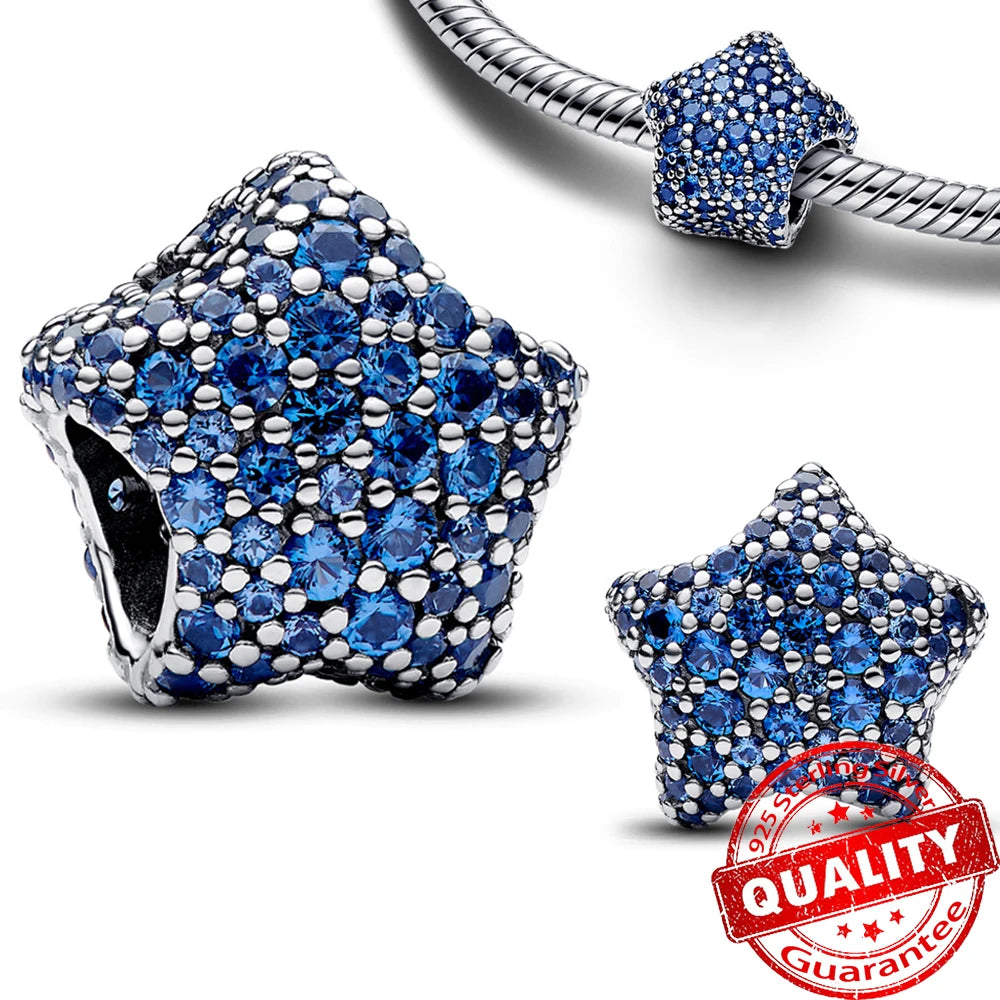 Sparkling 925 Sterling Silver Pavé Round Pink Charm Fit Original Bracelet Blue Charm Beads Women Necklace Fine Jewelry Gift