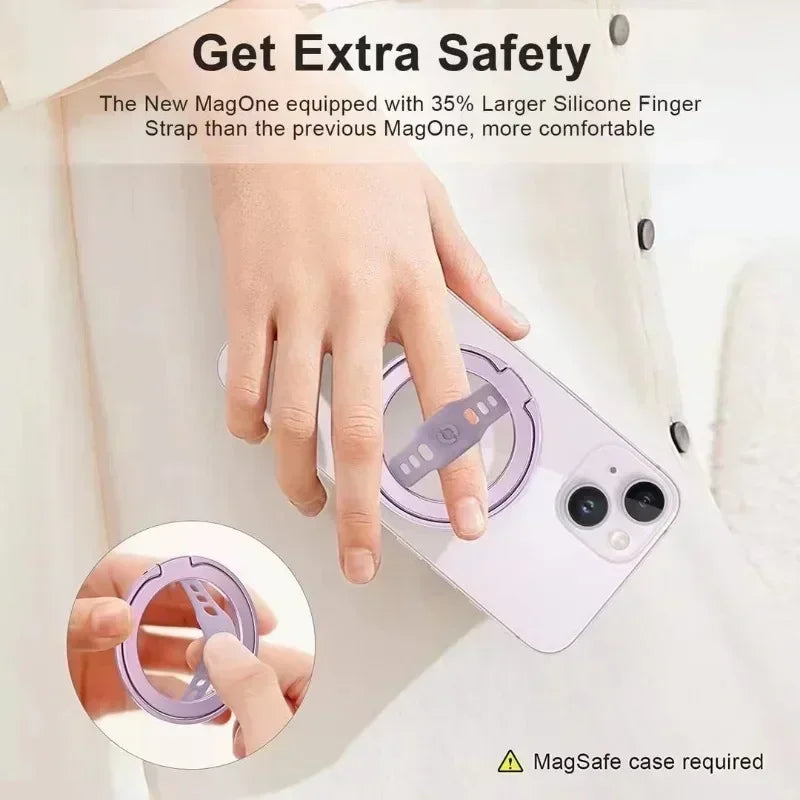 Magnetic Ring Phone Holder for Magsafe Wireless Charging Phone Grip Stand with Silicone Finger Strap Removable Car Phone Holder