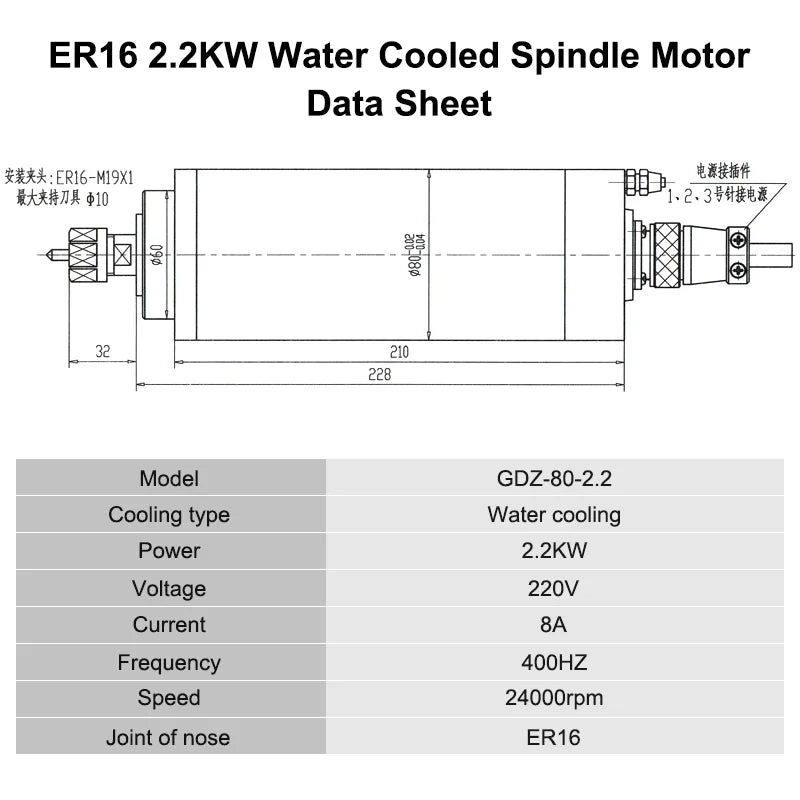 Hot2.2kw 24000rpm ER16 Water Cooled Spindle Motor for CNC Machine Tool Spindle