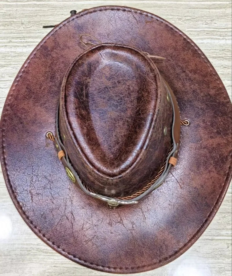 Faux Leather Western Cowboy Hats For Women Men Vintage Gentleman Dress Hats Panama Cowgirl Jazz Cap Sombrero Hombre