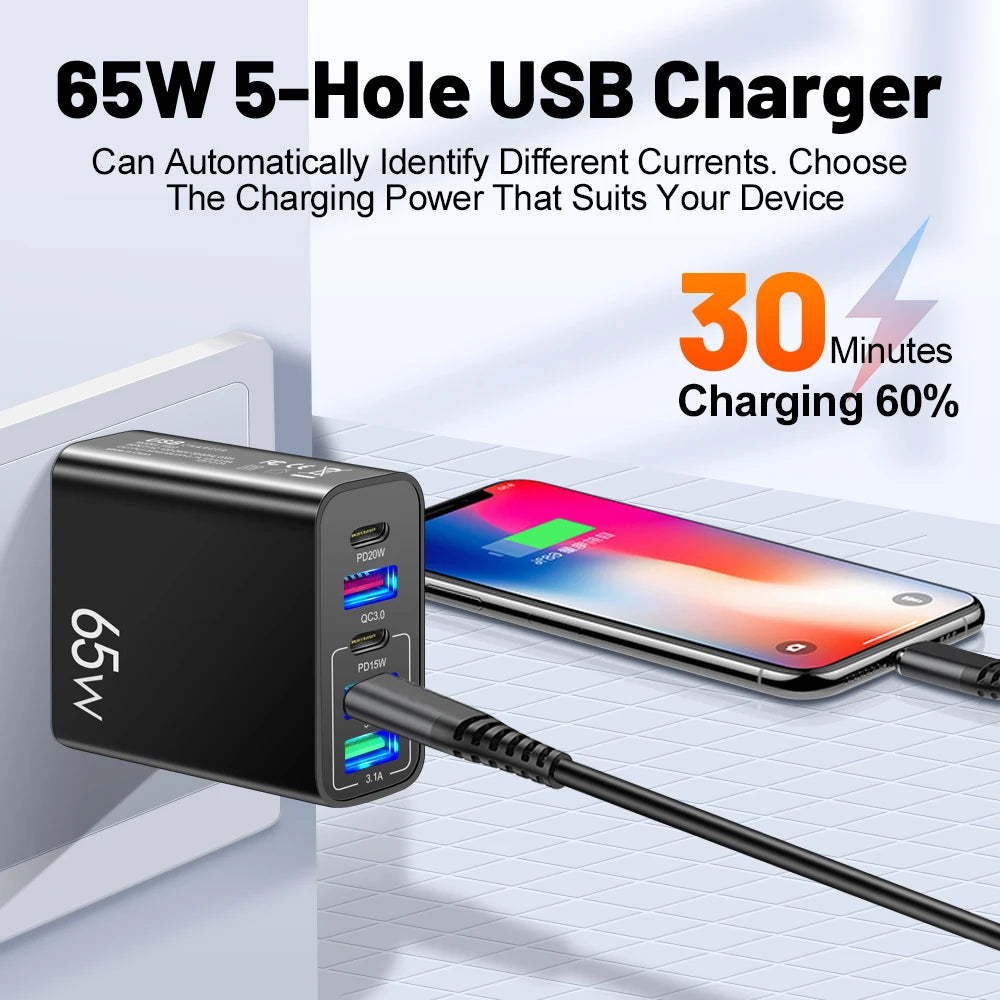 3.1A Fast USB Charger Quick Charge3.0 PD 20W USB Type C Charger 5 Port Phone Charger Adapter For iPhone 14 Samsung Xiaomi Huawei