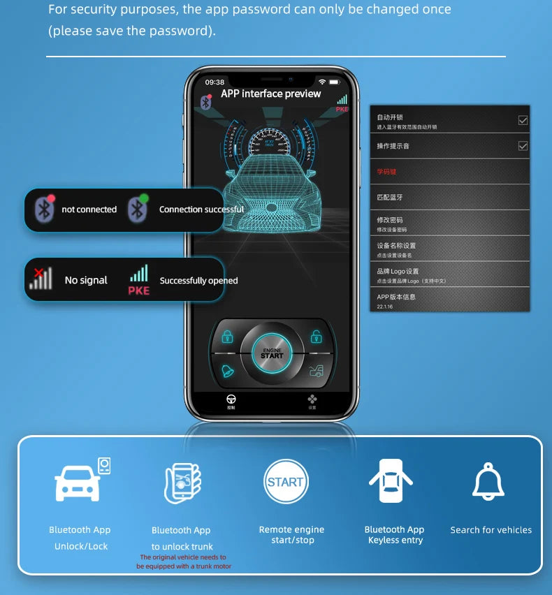 Universal Car Push Button Start Stop Keyless Entry Starter System Cell Phone Bluetooth APP PKE Remote Control Ignition Car Alarm