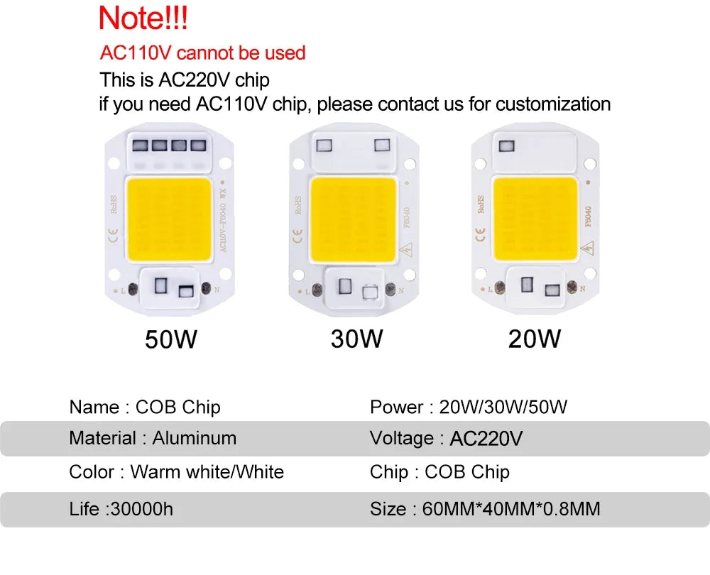 F6040 20W/30W/50W AC 220V COB Module LED Chip Diodes Lamp Bulb for Outdoor Focus Spotlight Garden Integrated Light Beads