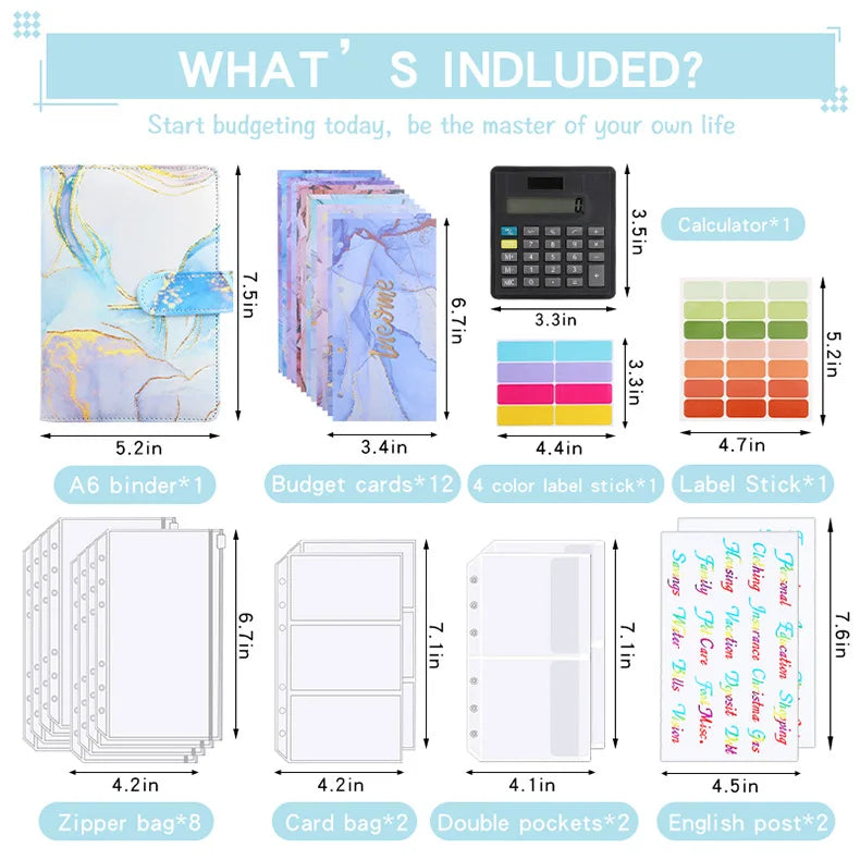 A6 Marble with Calculator Money Budget Planner Binder Zipper EnvelopesCash Envelopes For Budgeting Money Organizer Binde