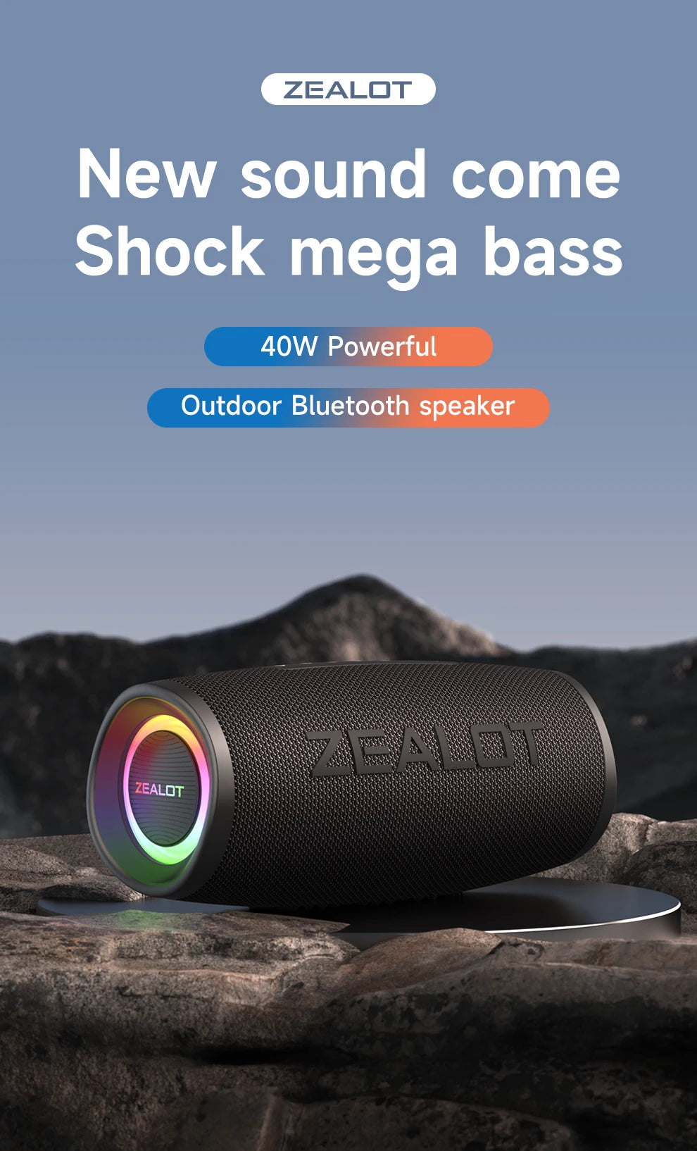 ZEALOT S56 Bluetooth Speaker 40W Output Power Bluetooth Speaker with Excellent Bass Performace IPX6 Waterproof Camping Outdoor