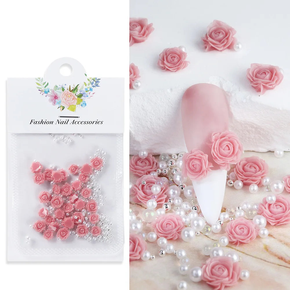 30 pcs gradient carved rose nail ornaments with steel bead pearl nail accessories