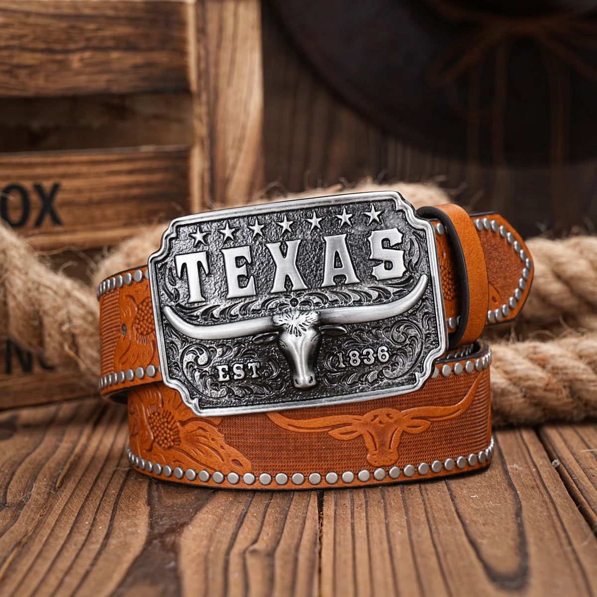 Western Cowboy PU Leather Belt - Men Waist Strap Bull Decoration Floral Engraved for Jeans
