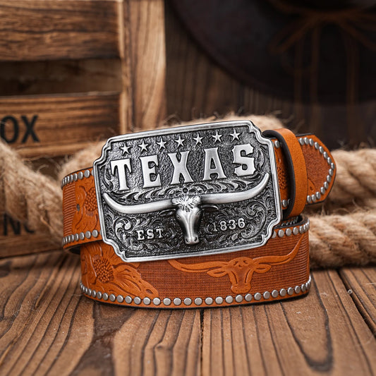 Western Cowboy PU Leather Belt - Men Waist Strap Bull Decoration Floral Engraved for Jeans