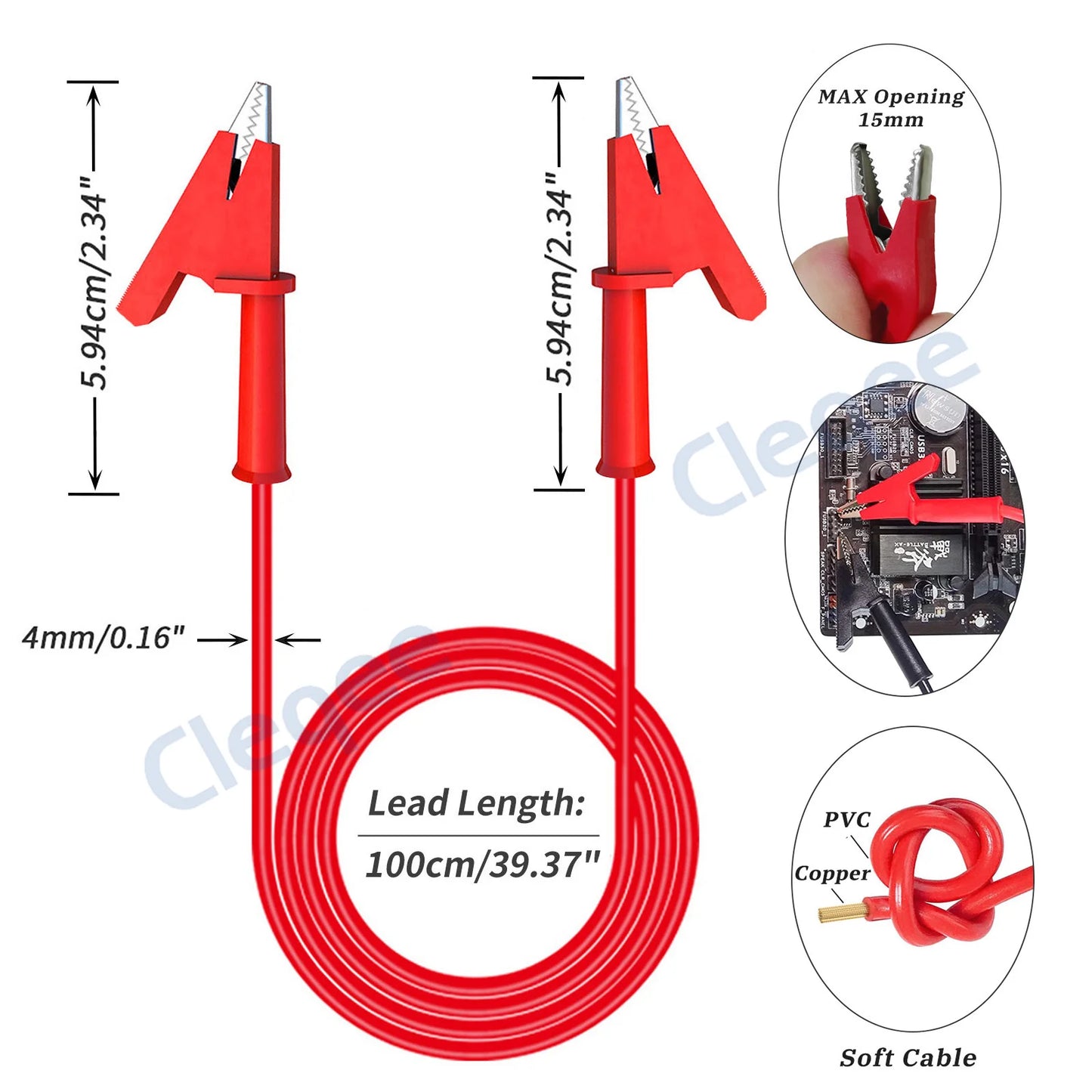 Cleqee 2PCS Dual Alligator Clip to  Crocodile Clamp Multimeter Test Leads 1m/2m/3m Cables Line Red/Black Jumper Wire