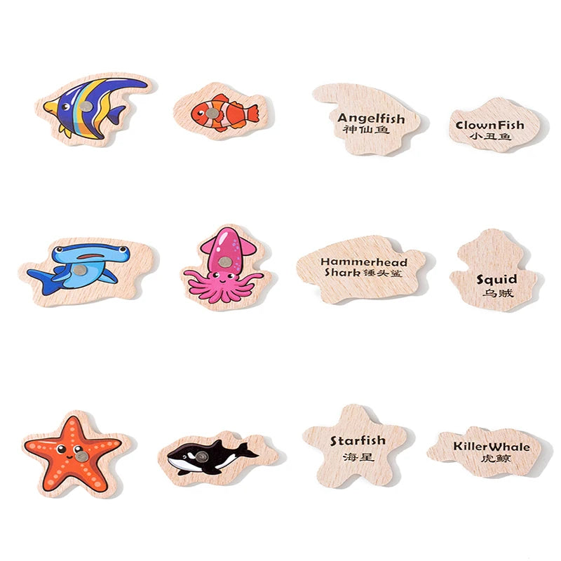 Fishing Toys Montessori Wooden For Children Magnetic Marine Life Cognition Fish Games Parent-Child Interactive Educational Toy
