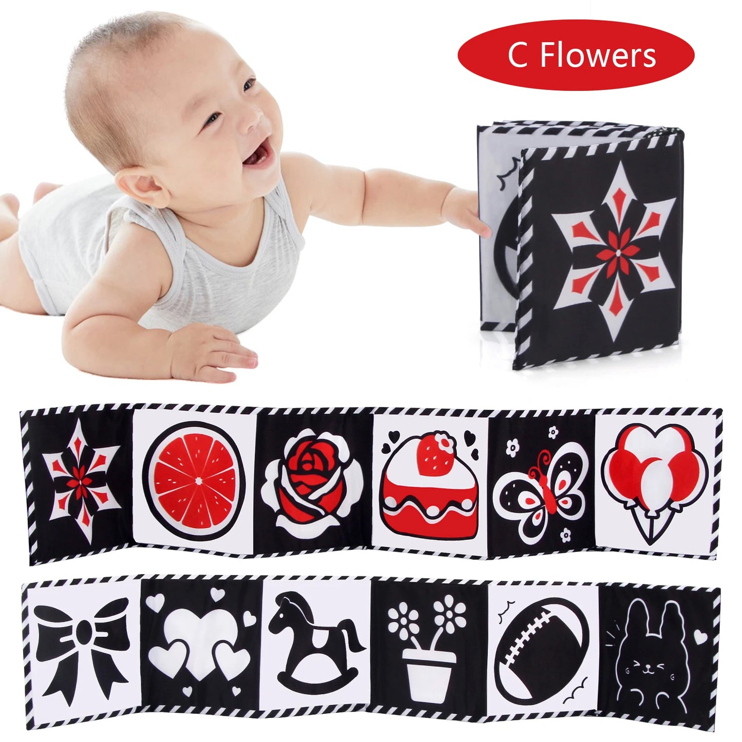 Baby Cloth Book High Contrast Baby Toys 0-36 Months Newborn Crib Toys Black and White Animal Sensory Cloth Books Montessori Toys