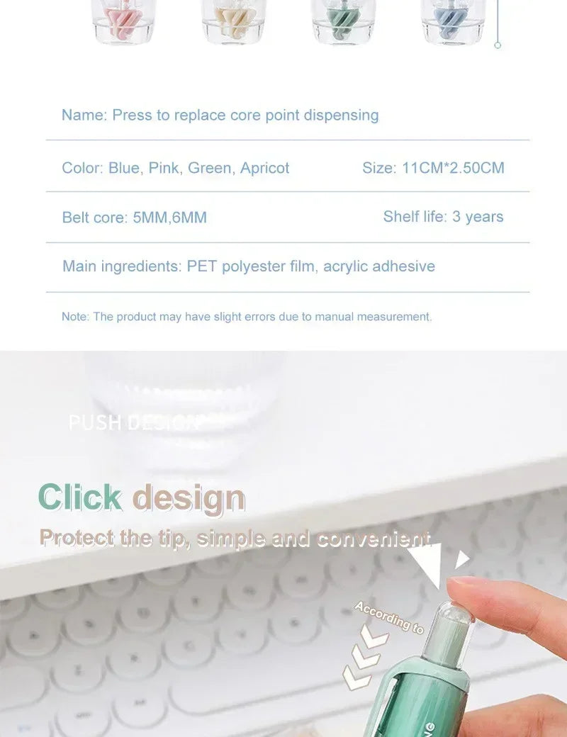 Cute Dots Glue Tape Double-Sided Adhesive Roller Pushable&Refillable for Kids Girls DIY Photo Album School Stationery Supplies