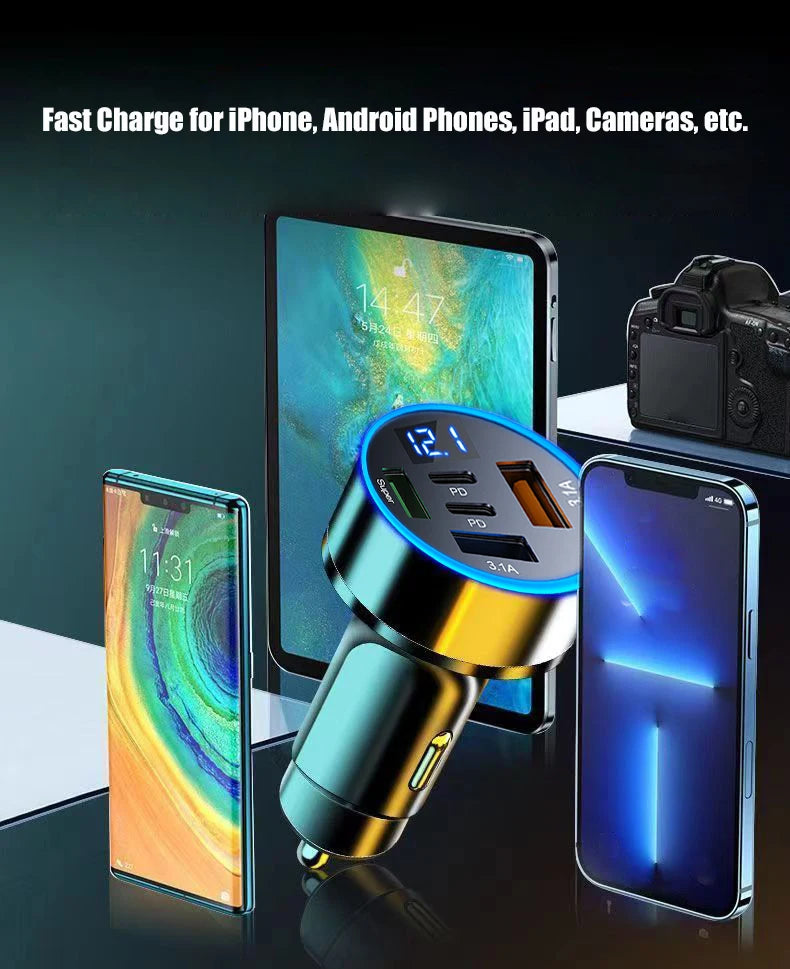 UYUXIO 5 in 1 USB Car Phone Charger Adapter with Voltage Display Dual PD Port Super Fast Charge for iPhone Samsung Huawei OPPO