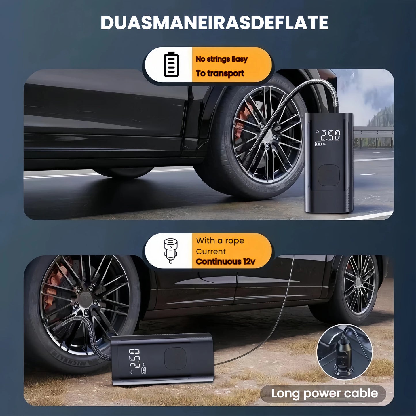 Inflatable Pump Portable Handheld 2 power supply modes and 4 preset air pressures Digital Display Car Motorcycle Tire