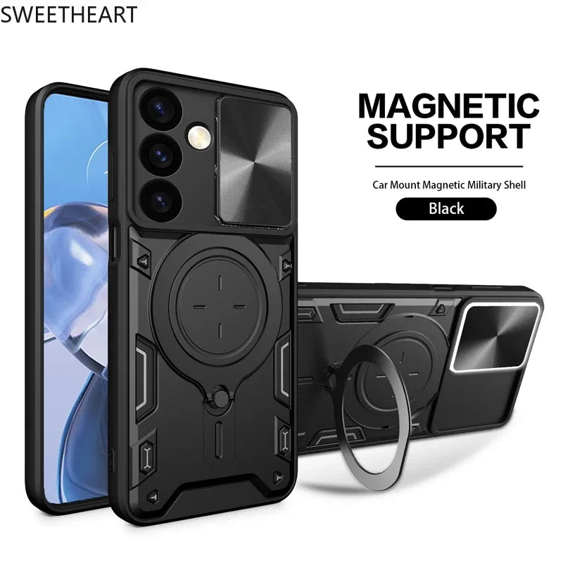 Magnetic Adsorption Armor Metal Ring Case For Samsung Galaxy S25 24 23 22 21 20 Ultra S24 S23 Plus S24FE Incoming Call Flashing