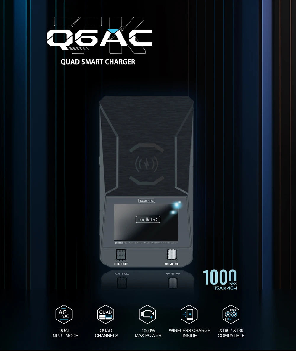 ToolkitRC Q6AC Charger AC 400W/DC 1000W 4CH output Built-in 65W USB A/TYPEC Output ,LiPo, 1-6S，NiMH 1-16S,PB 1-10S Charger IPS