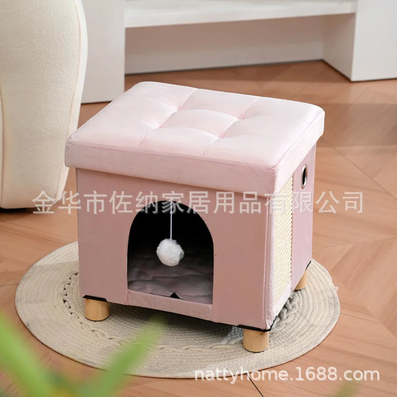 Multi Functional Cat Bed with Wooden Legs Foldable Pet Stool for Sitting