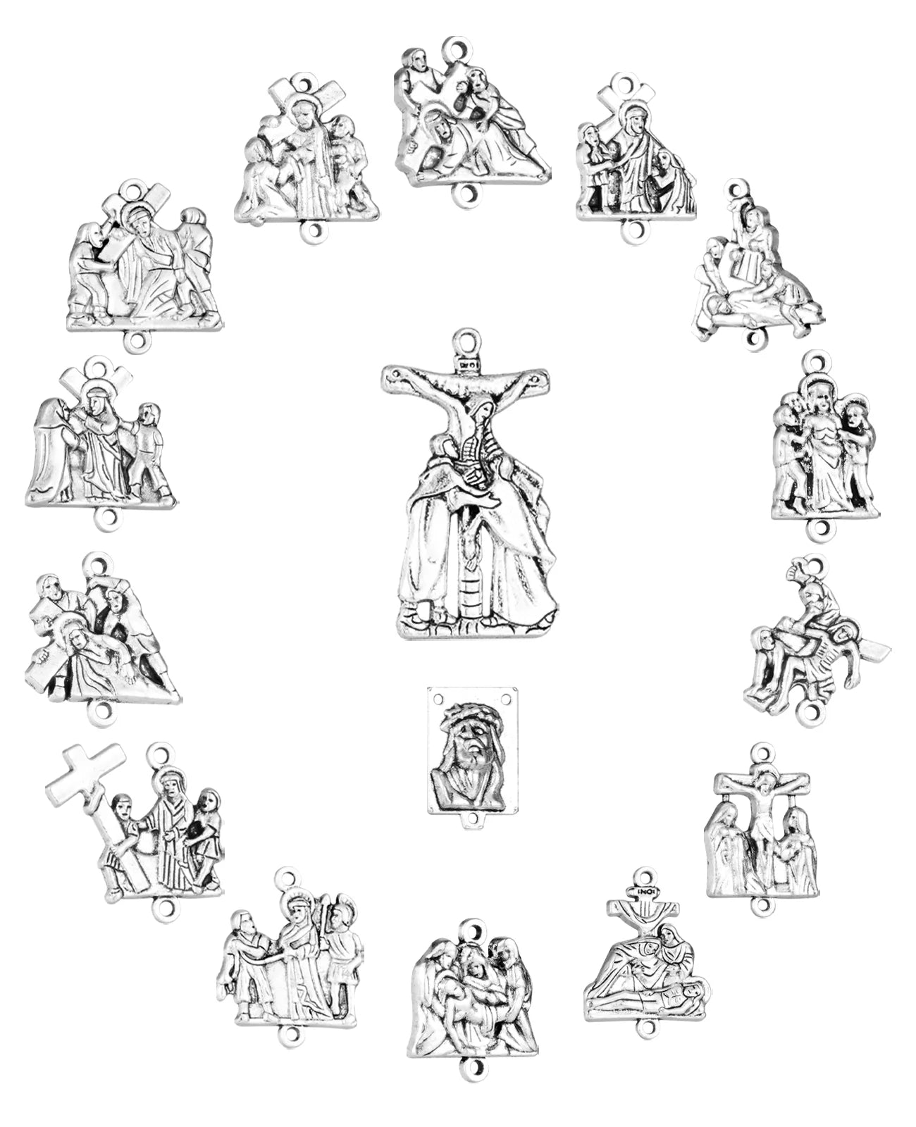1Pc 3-Hole Jesus Medal, 14Pcs Stations of Cross Rosary Connector, 1Pc Crucifix Pendant, Chaplet Jewelry Making Parts Accessories